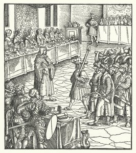 Maximilian osztrák főherceg mamák színdarabját rendezi (metszet) alkotó: Hans (after) Burgkmair