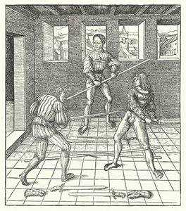 Maximilian osztrák főherceg a vívás művészetét tanulja (metszet) alkotó: Hans (after) Burgkmair