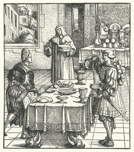 Maximilian osztrák főherceg a konyhaművészetet tanulja (metszet) alkotó: Hans (after) Burgkmair