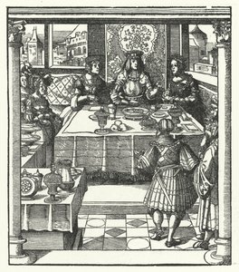 Maximilian osztrák főherceg meglátogatja leendő feleségét, Burgundi Máriát és édesanyját, Bourbon Izabellát (metszet) alkotó: Hans (after) Burgkmair