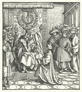 Egy könyv szentelése a Szent Római császárnak, MAXIMILIAN I. (metszet) alkotó: Hans (after) Burgkmair