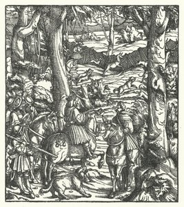 I. Maximilián, a rómaiak királya, vadászat közben üzenetet kap (metszet) alkotó: Hans (after) Burgkmair