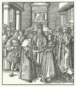 V. Miklós pápa elnököl III. Frigyes Szent-római császár és Portugáliai Eleonóra házasságkötésén Rómában alkotó: Hans (after) Burgkmair