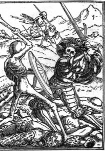 Hans Holbein the Young (1497-1543): a katona álhalála. Egy katona harcol a halállal; lábuknál más harcosok testei hevernek. Metszés.
