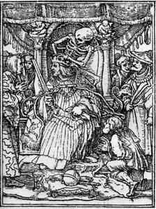 Ifjú Hans Holbein (1497-1543): a császár halálának szimulákonjai. Míg a Halál elveszi a császár koronáját, egy paraszt igazságszolgáltatásért könyörög tőle. Metszés.