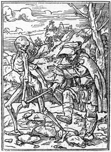 Ifjabb Hans Holbein (1497-1543): a vakok halálának szimulákonjai. A halál megragadja a vak botját, és vezető szerepet tölt be. Metszés.