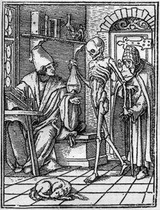 Ifjabb Hans Holbein (1497-1543): az orvos halálának szimulákonjai. A halál az orvos és a betege közé esik. Metszés.