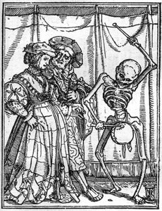 Ifjabb Hans Holbein (1497-1543) halálának szimulákonjai: a férjek. A halál dob egy pár előtt. Metszés.