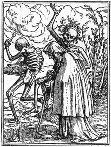 Ifjabb Hans Holbein (1497-1543) halálának szimulákonjai: a régi. A halál elkísér egy idős hölgyet a sorsába. Metszés.