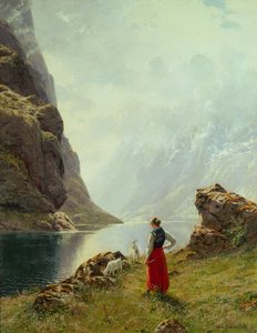 Egy lány kecskékkel a fjordnál (olaj, vászon)