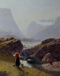 Lány vödör vízzel és horgászfiú (olaj, vászon)