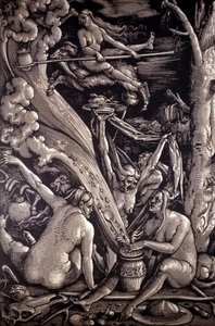 A boszorkányok szombatja, Hans Baldung Green német festő, metsző és karikaturista metszete (1484-1545).