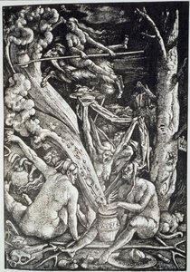 A boszorkányok szombaton, Hans Baldung Grien nyomán, a 19. század végén megjelent mágiatörténetben illusztrálva