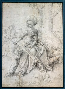 A férfit lovagló nő: Phyllis Arisztotelész hátán ül, aki négykézláb jár. Grien Hans Baldung (1484-1545) rajza Ec. Összes.