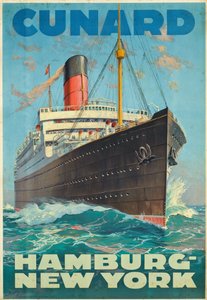 Reklámplakát utazás Hamburg és New York között a Cunard hajózási társasággal (színes litográfia)