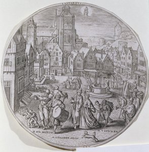 Január, a bergeni piactéren a Tizenkettedik Éjszakát ünneplő polgárok egy tizenkét „Az év hónapja” sorozatból, amelyet Adriaen Collaert (1560-1618) vésett