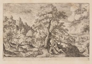 Tábla 10, az Ó- és Újszövetségből és Ovidius Metamorfózisaiból származó tájképek jelenetekkel. alkotó: Hans Bol