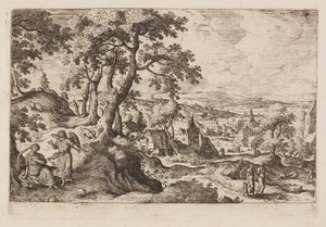 Tábla 3, az Ó- és Újszövetségből és Ovidius Metamorfózisaiból származó tájképek jelenetekkel. alkotó: Hans Bol