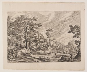 View of a Village, a Man Carrying a Wheelarrow, plate 8 from Landscapes with Views of Villas alkotó: Hans Bol