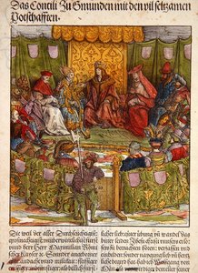 Gmunden Tanácsa fontos külföldi látogatókkal, a „Der Weisskunig”-ból, 1515 körül (kézzel színezett fametszet) alkotó: Hans Burgkmair
