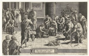 Christ wast de voeten van de discipelen Mindenek Ura térdre borul, hogy megmossa szolgái lábát, a páratlan alázat példája (cím a tárgyon) alkotó: Hans Collaert (I) (attributed to)