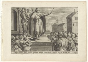 Rechabeam antwoordt het volk Geschiedenis van Jeroboam en Rechabeam (sorozat címe) Az Ószövetség szent történeteinek kincsestára (...) (sorozat címe) alkotó: Hans Collaert (I) (attributed to)