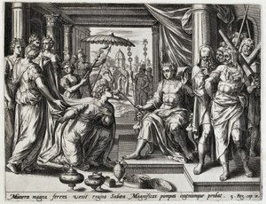 Salomo ontangt de koningin van Seba Geschiedenis van Salomo (sorozat címe) Salamon király története (...) (sorozat címe) Az ószövetség szent történetének kincse, a művészetben kifejezett legkiválóbb képekkel megválogatva alkotó: Hans Collaert (I) (attributed to)