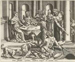 Lázár könyörög a gazdag házáért Lázár és a gazdag ember története (sorozat címe) alkotó: Hans Collaert (I) (possibly)