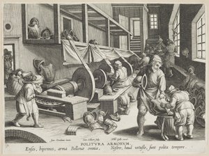 Politura Armorum (polírozó karok), 17. tábla a Nova Reperta (Modern felfedezések) c.1588 sorozatból (metszet fektetett papírra)