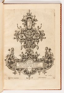 1. tábla, címlap egy tízes sorozatból, Monilium Bullarum Inauriumque Artificocissimae Icones címmel, Ioannis Collaert Opus Postremum (A legmagasabb szintű nyakláncok, medálok és fülbevalók tervei, Joannis Collaert végső munkája)