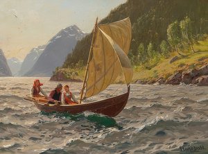 Vitorlás kirándulás norvég fjord tájon alkotó: Hans Dahl