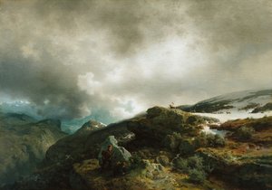 Magashegyi tájkép rénszarvas vadászokkal (festmény) alkotó: Hans Gude
