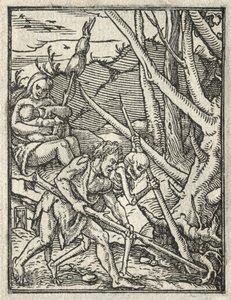 A haláltánc: Kiűzetés a Paradicsomból, Ádám műveli a földet. alkotó: Hans Holbein