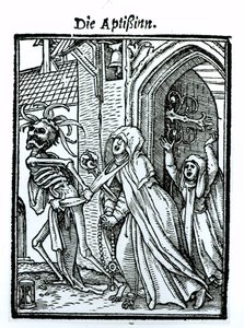 Halál és az apátnő, a "Haláltánc"-ból, Hans Lutzelburger metszete, 1538 körül alkotó: Hans Holbein der Jüngere