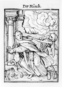 A Halál és a koldus szerzetes, a „Haláltánc”-ból, Hans Lutzelburger metszete, 1538 körül alkotó: Hans Holbein der Jüngere