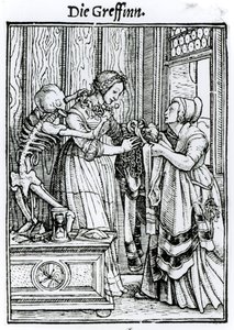 Halál és az úrnő, a "Haláltánc"-ból, Hans Lutzelburger metszete, 1538 körül alkotó: Hans Holbein der Jüngere
