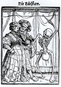 A Halál és a nemesasszony a „Haláltánc”-ból, Hans Lutzelburger metszete, 1538 körül alkotó: Hans Holbein der Jüngere