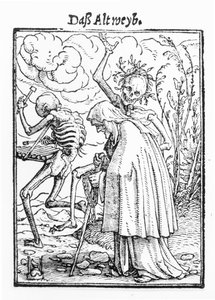 A halál és az öregasszony, a "Haláltánc"-ból, Hans Lutzelburger metszete, 1538 körül (fametszet) (fekete-fehér fotó) alkotó: Hans Holbein der Jüngere