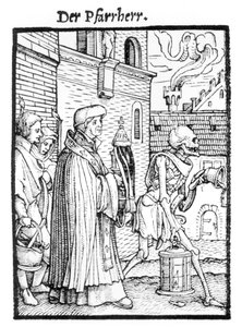 A Halál és a plébános, a "Haláltánc"-ból, Hans Lutzelburger metszete, 1538 körül alkotó: Hans Holbein der Jüngere