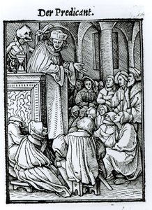 Halál és a prédikátor, a "Haláltánc"-ból, Hans Lutzelburger metszete, 1538 körül alkotó: Hans Holbein der Jüngere