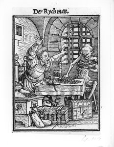A Halál és a gazdag ember a "Haláltánc"-ból, Hans Lutzelburger metszete, 1538 körül alkotó: Hans Holbein der Jüngere