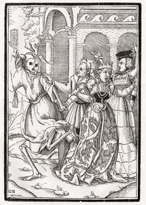 A halál jön a királynőért, Georg Scharffenberg metszete a „Der Todten Tanz”-ból, Bázel, 1843 alkotó: Hans Holbein der Jüngere