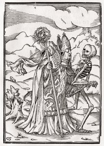 A halál jön a püspökre, Georg Scharffenberg metszete a „Der Todten Tanz”-ból, Bázel, 1843 alkotó: Hans Holbein der Jüngere