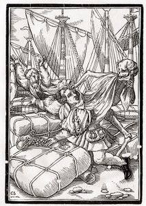 A Halál jön a kereskedőhöz, Georg Scharffenberg metszetét a „Der Todten Tanz”-ból, Bázelben, 1843-ban. alkotó: Hans Holbein der Jüngere