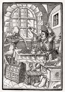 A halál jön a fösvényre vagy uzsorásra, Georg Scharffenberg metszete a „Der Todten Tanz”-ból, Bázelben, 1843 alkotó: Hans Holbein der Jüngere