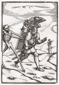 A Halál megérkezik a pedálra, Georg Scharffenberg metszete a „Der Todten Tanz”-ból, Bázelben, 1843 alkotó: Hans Holbein der Jüngere