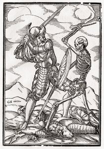 A halál megérkezik a katonára, Georg Scharffenberg metszetét a „Der Todten Tanz”-ból, Bázelben, 1843-ban. alkotó: Hans Holbein der Jüngere