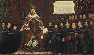 VIII. Henrik átadja Thomas Vicarynak a borbélyok és sebészek céhének egyesülésére emlékeztető oklevelet, 1541. alkotó: Hans Holbein der Jüngere