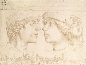 Két fiatal portréja, egy törpe és egy városkép, 1514 körül (ezüstpont) alkotó: Hans Holbein der Jüngere