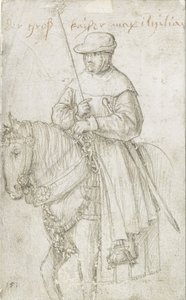 I. Maximilián császár utazóruhában lóháton alkotó: Hans Holbein the Elder